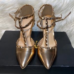 Wild Diva Women Rose Gold Stiletto Heels Pointy Toe Studded Pumps Strap …